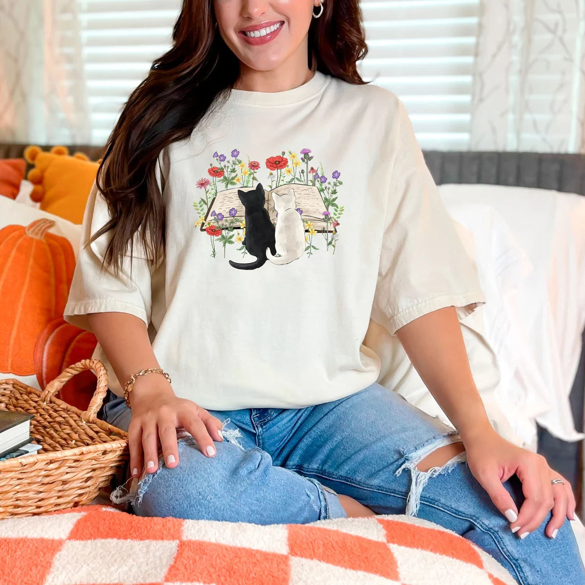 Floral Cat Book Tee V6