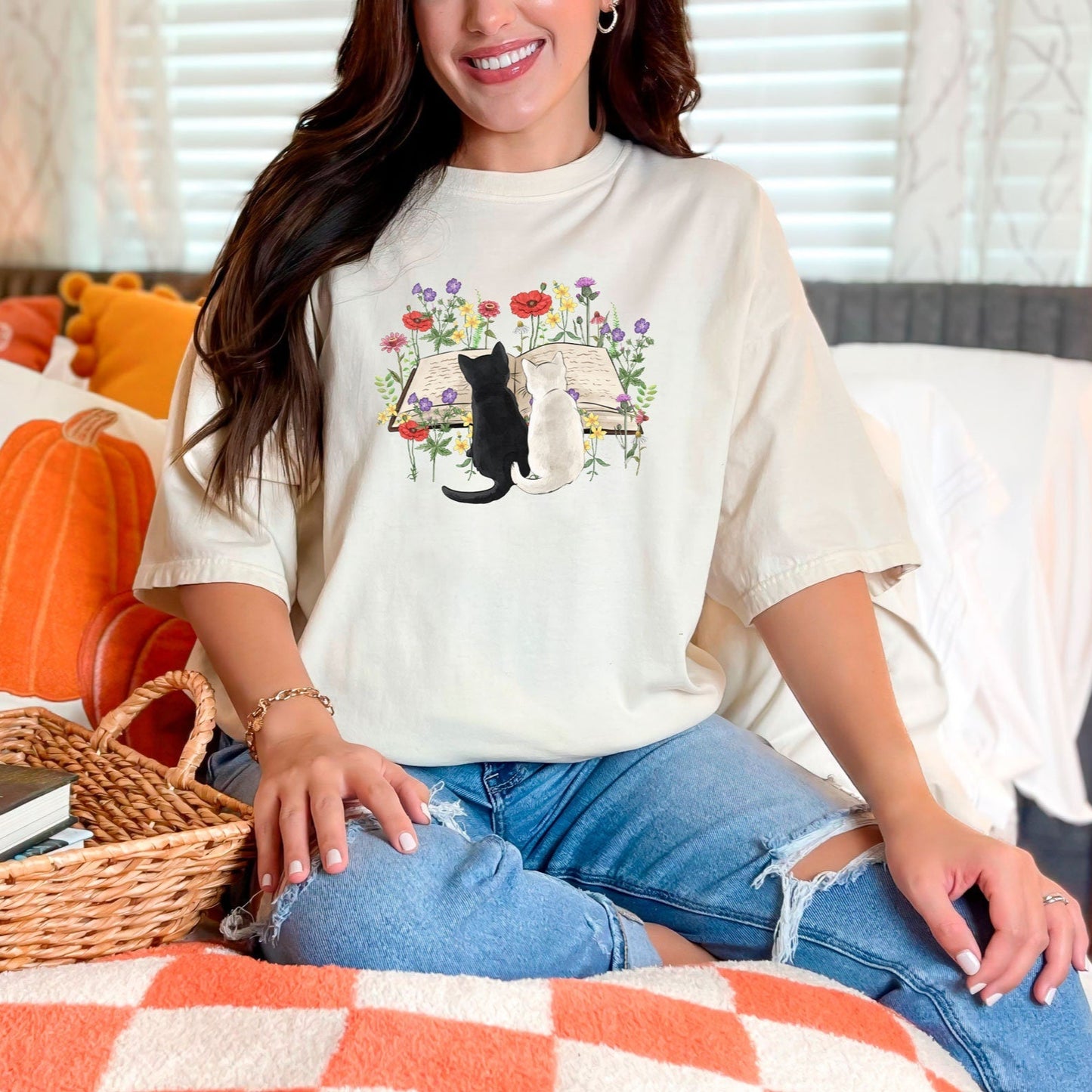 Floral Cat Book Tee V6