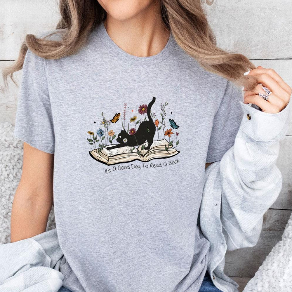 Floral Book Cat Tee V6