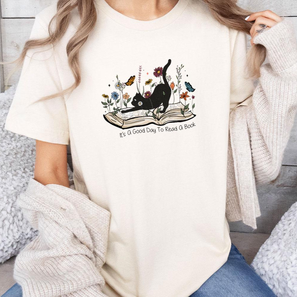 Floral Book Cat Tee V6