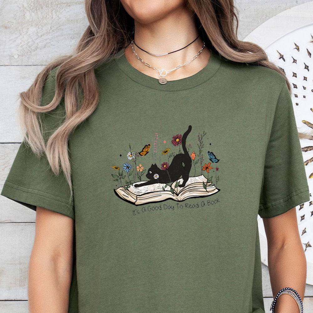 Floral Book Cat Tee V6