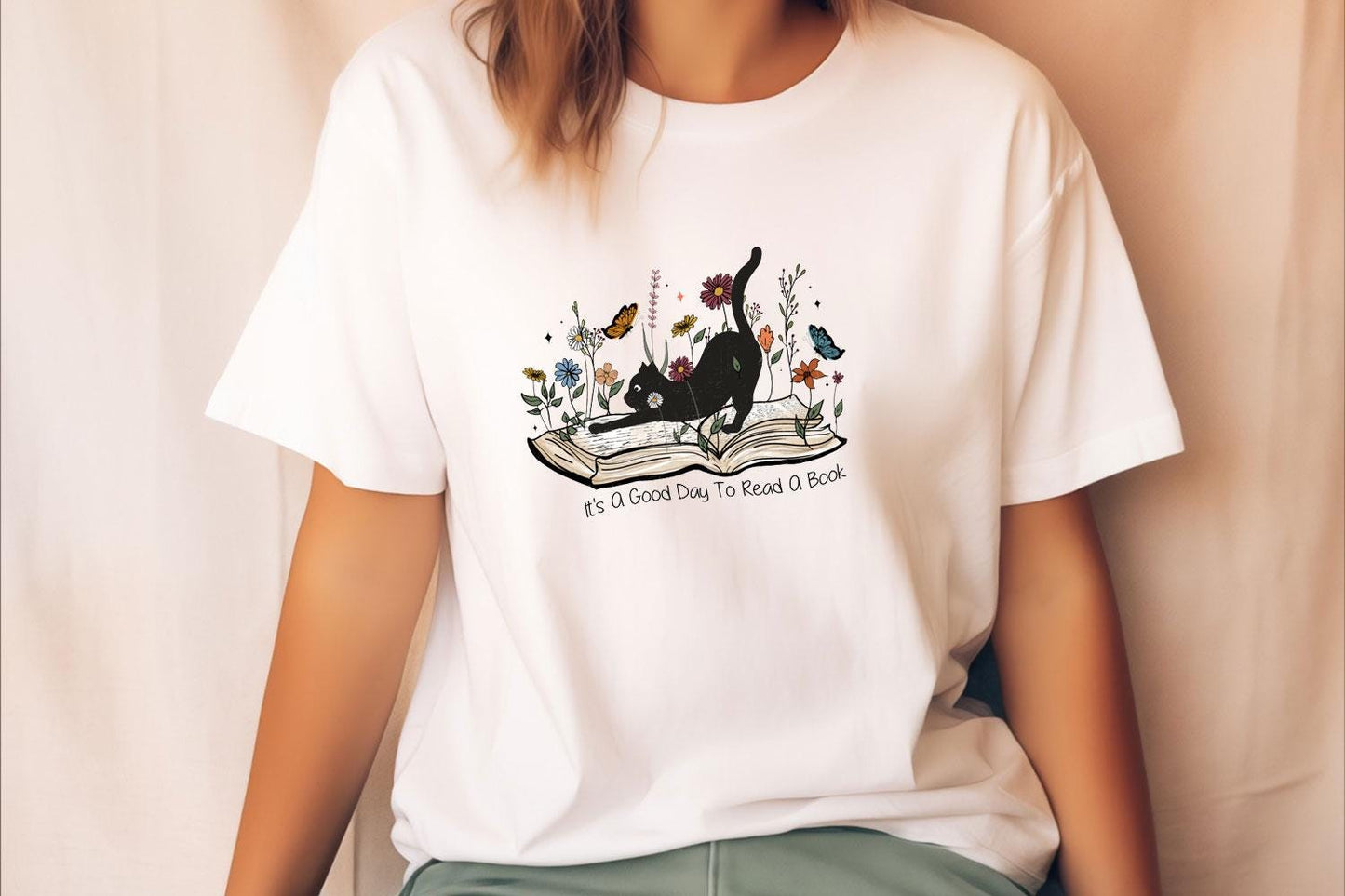 Floral Book Cat Tee V6