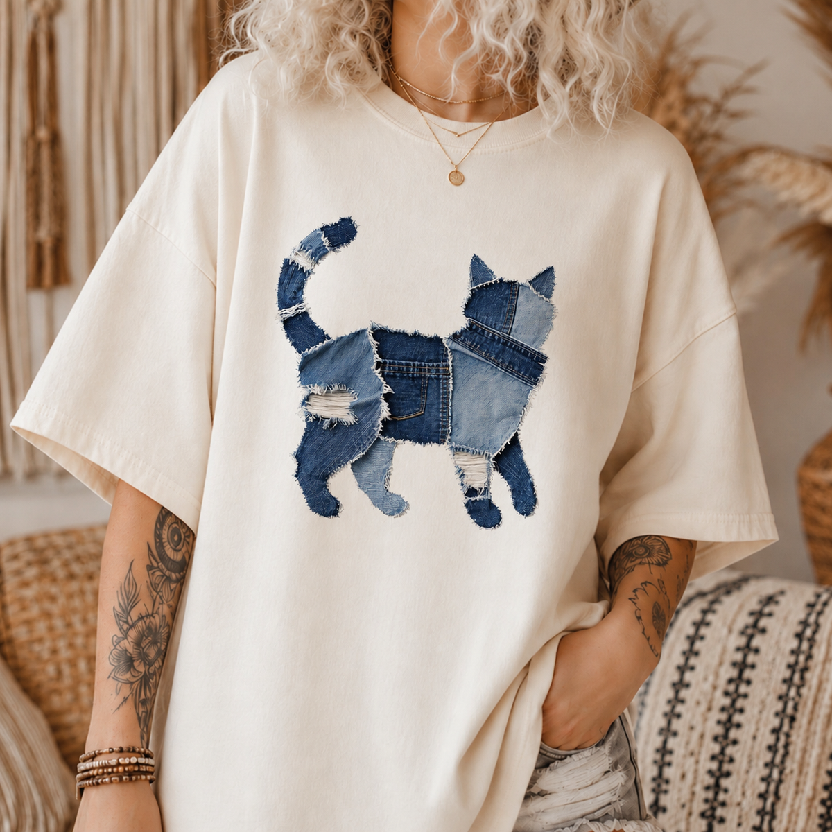 Faux Denim Patchwork Cat Tee