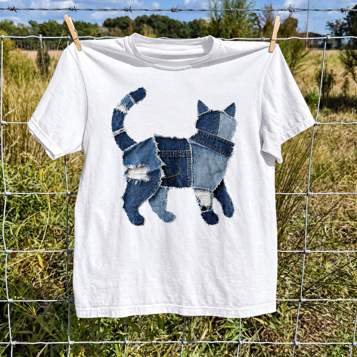 Faux Denim Patchwork Cat Tee
