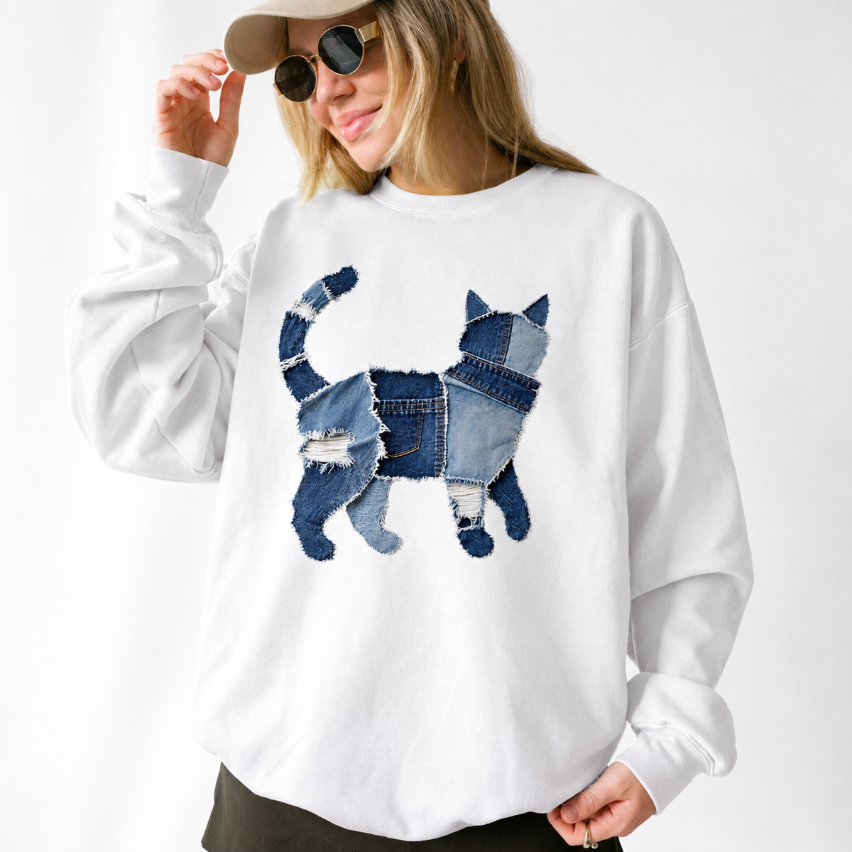 Faux Denim Patchwork Cat Tee