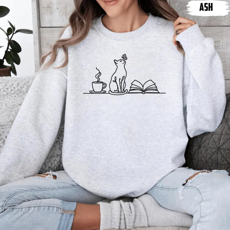 Coffee Cats And Books Lover Sweatshirt V1