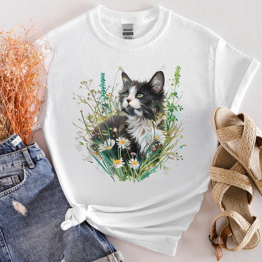 Summer Meadow Tuxedo Cat T-Shirt