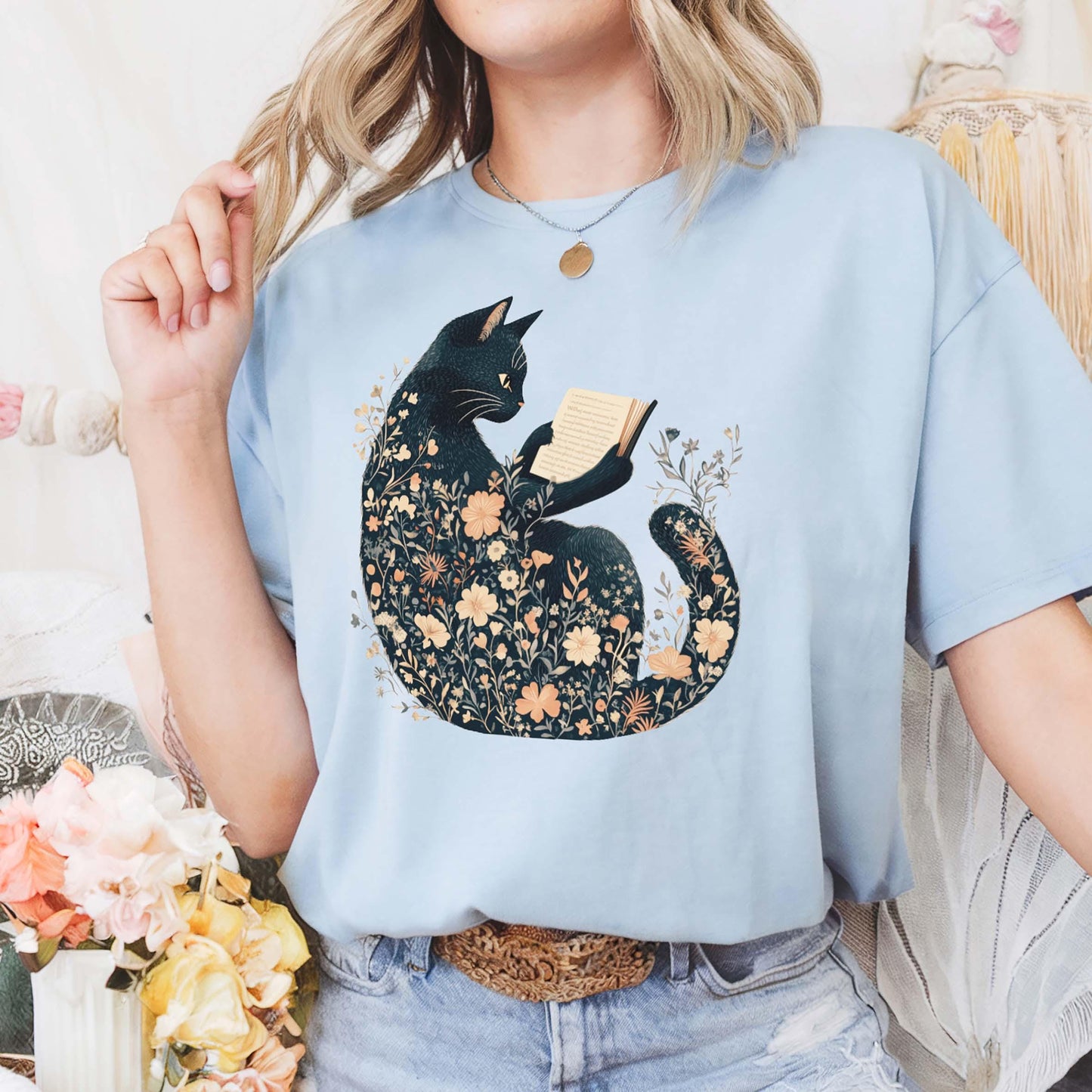 Boho Wildflower Black Cat T-Shirt