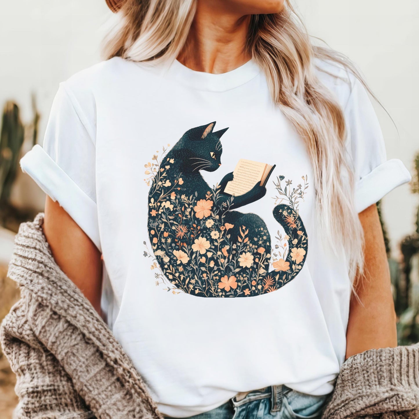 Boho Wildflower Black Cat T-Shirt