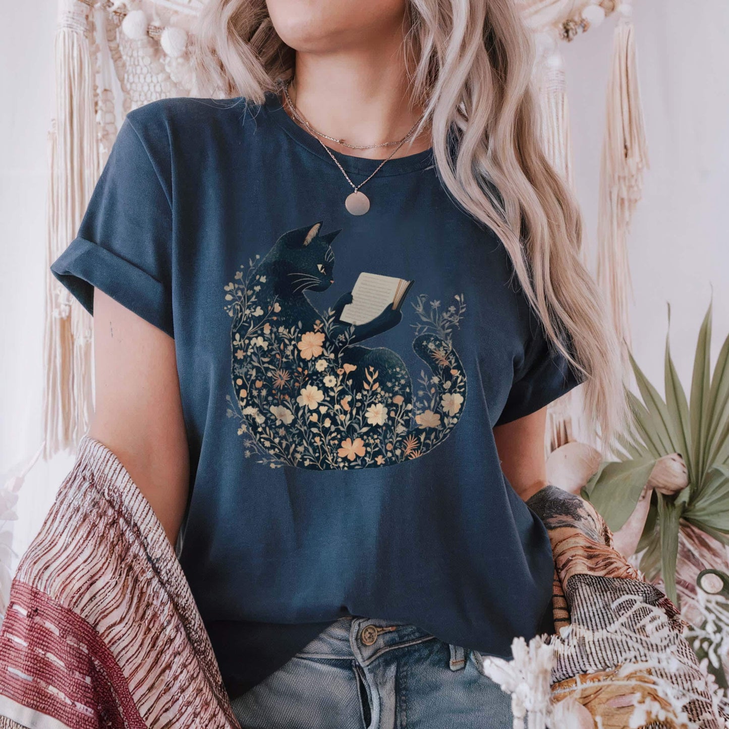 Boho Wildflower Black Cat T-Shirt
