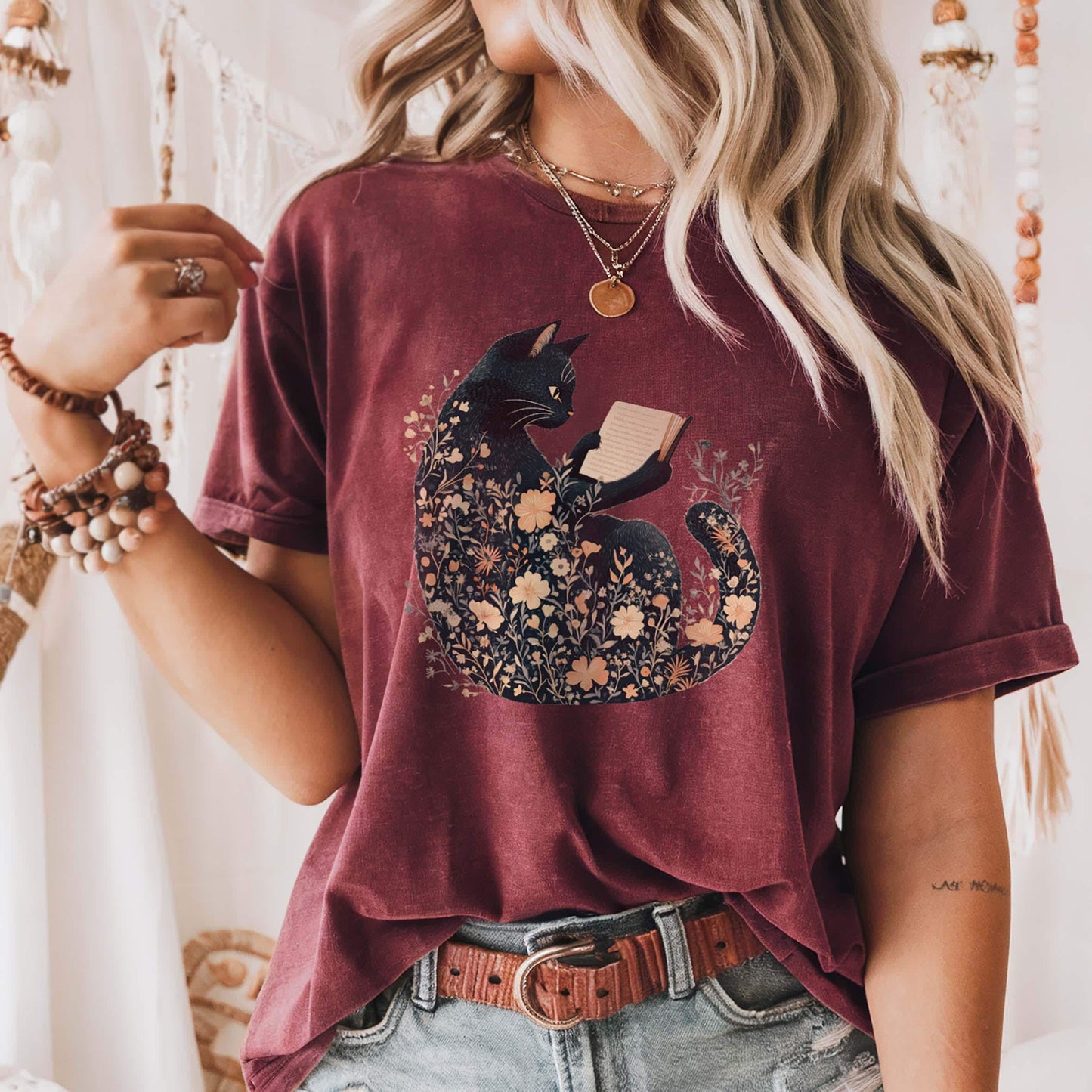 Boho Wildflower Black Cat T-Shirt