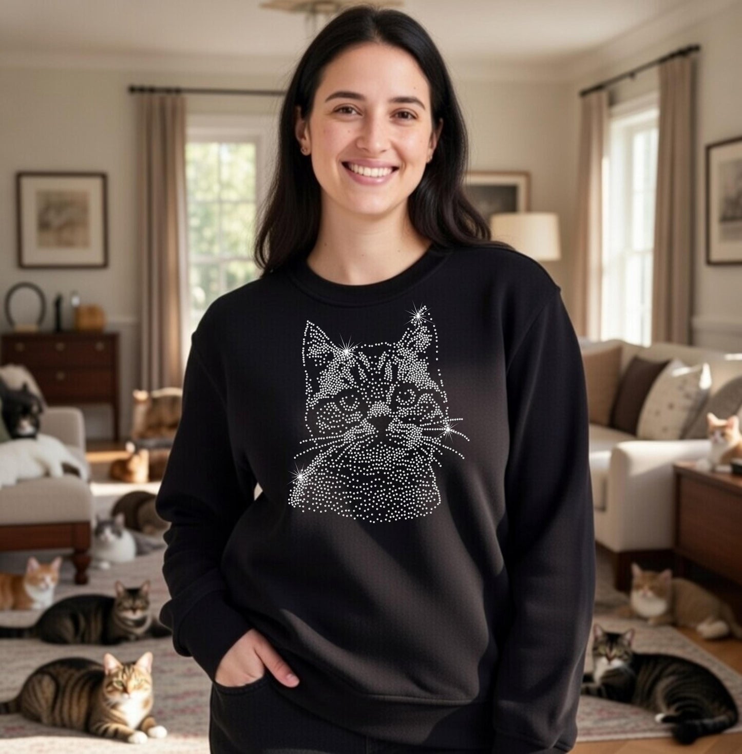 Womens Rhinestone Cat Sweater