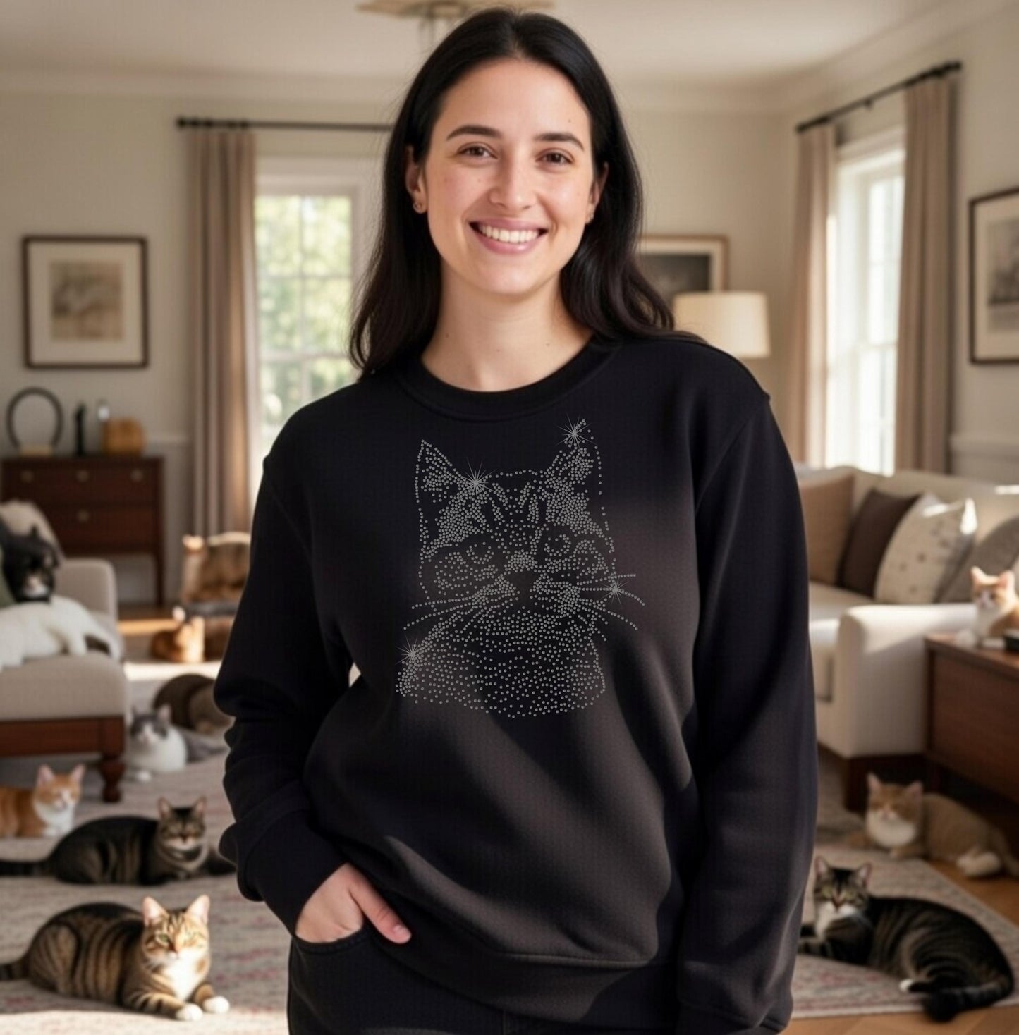 Womens Rhinestone Cat Sweater