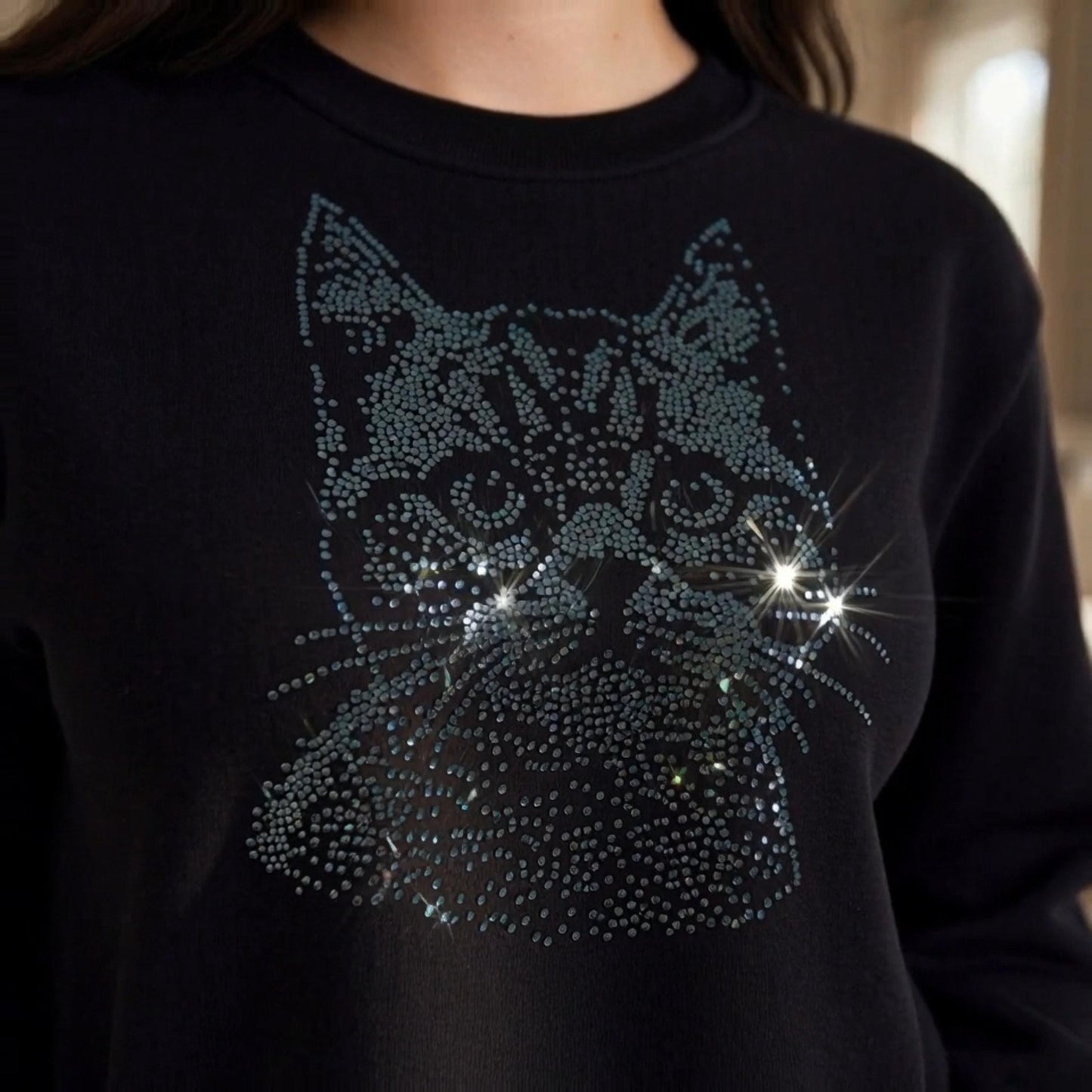 Womens Rhinestone Cat Sweater