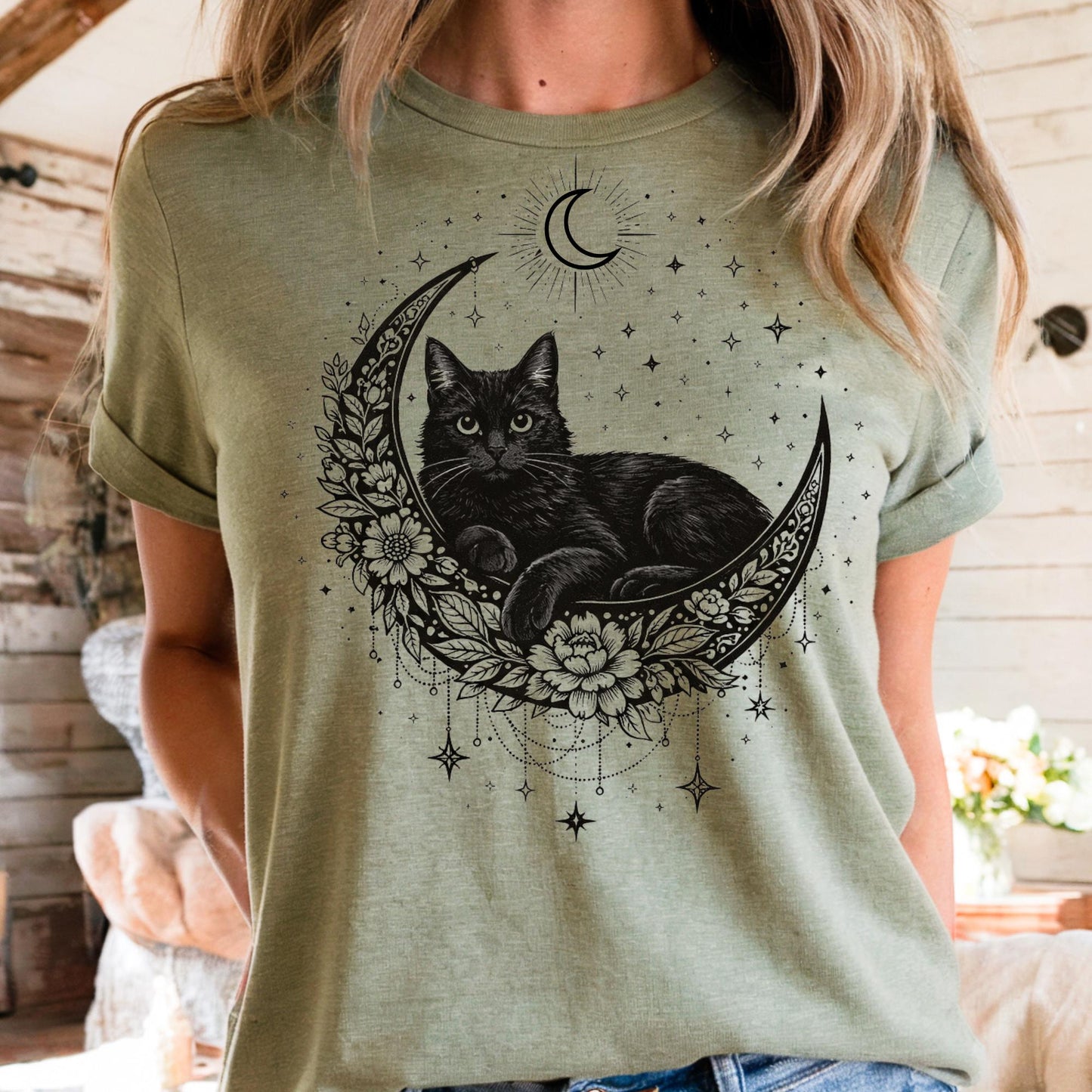 Black Cat Mystical Moon Boho T-Shirt