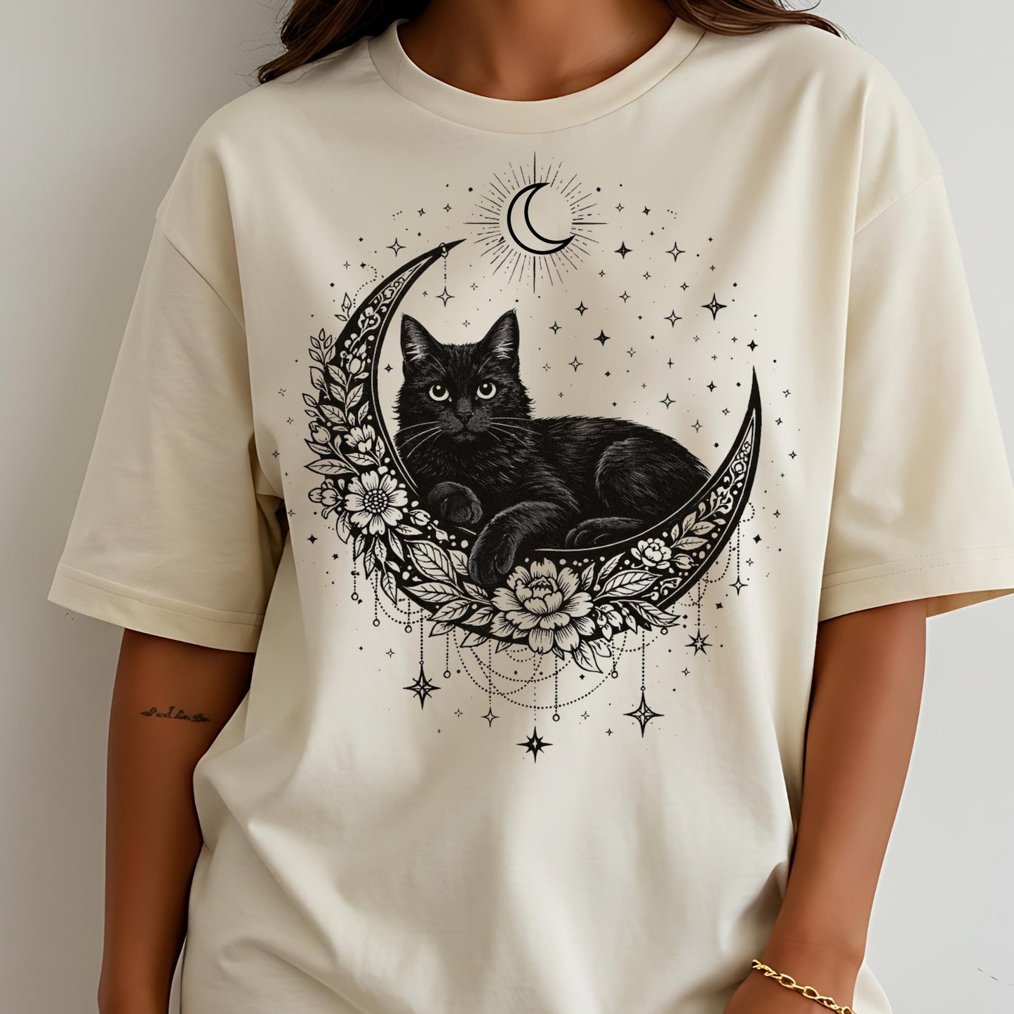 Black Cat Mystical Moon Boho T-Shirt