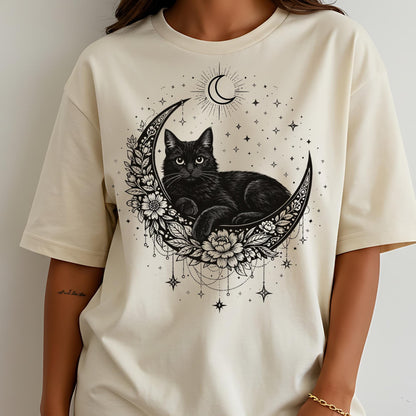 Black Cat Mystical Moon Boho T-Shirt