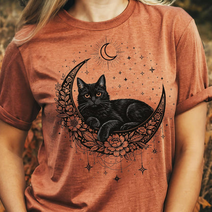 Black Cat Mystical Moon Boho T-Shirt