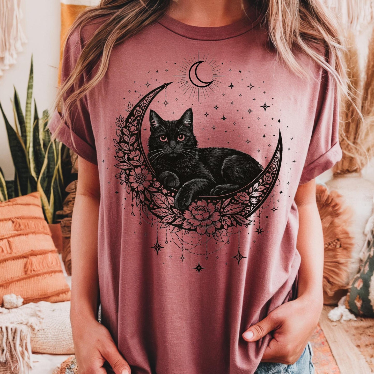 Black Cat Mystical Moon Boho T-Shirt
