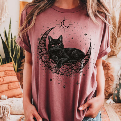 Black Cat Mystical Moon Boho T-Shirt