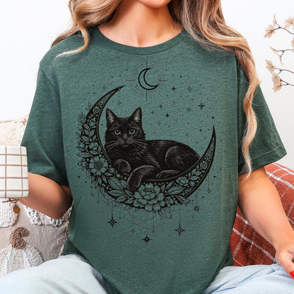 Black Cat Mystical Moon Boho T-Shirt