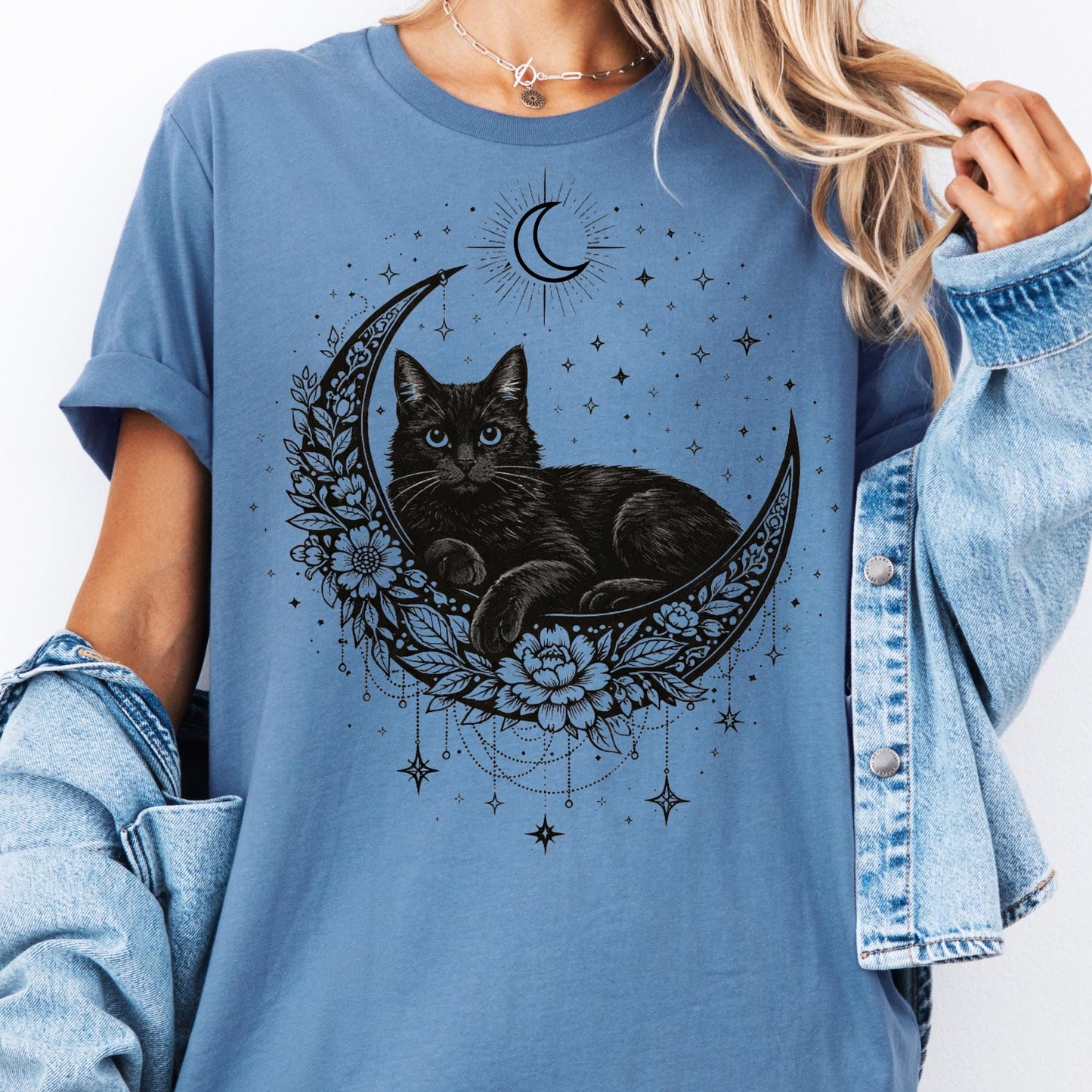 Black Cat Mystical Moon Boho T-Shirt