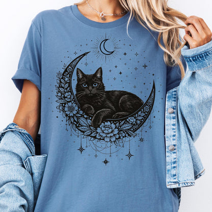 Black Cat Mystical Moon Boho T-Shirt