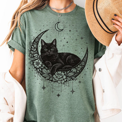 Black Cat Mystical Moon Boho T-Shirt
