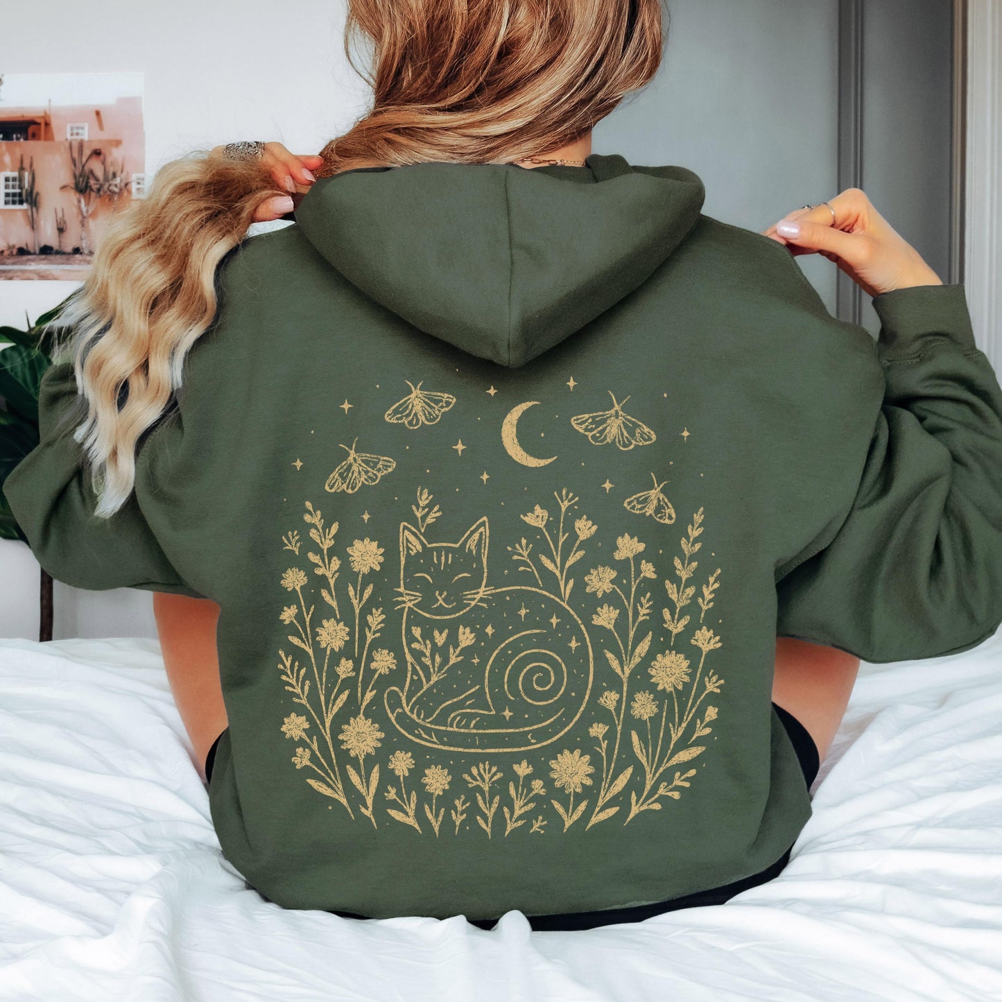 Celestial Cat Smiling Wildflowers Hoodie