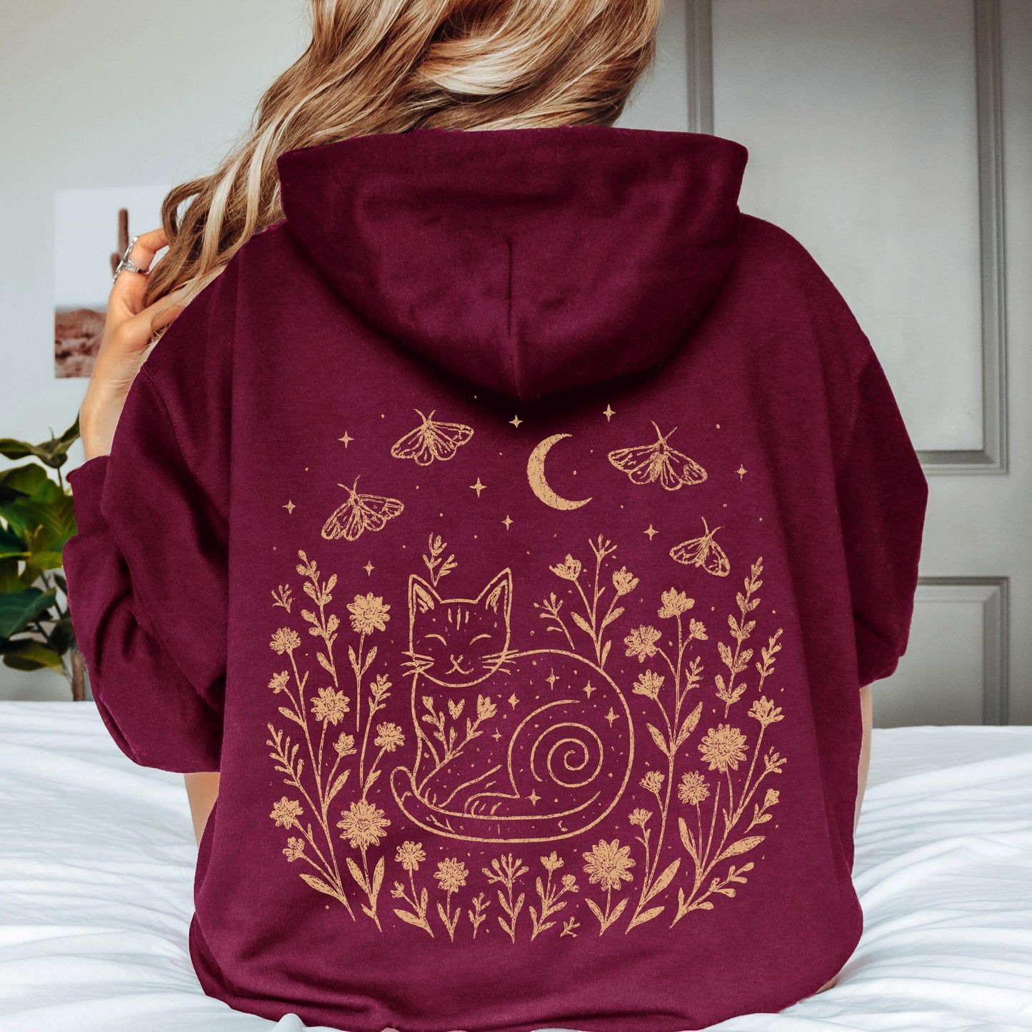 Celestial Cat Smiling Wildflowers Hoodie