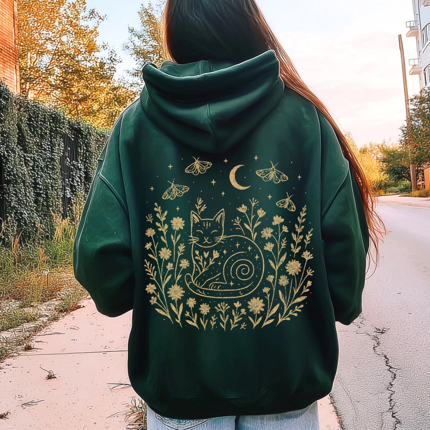 Celestial Cat Smiling Wildflowers Hoodie