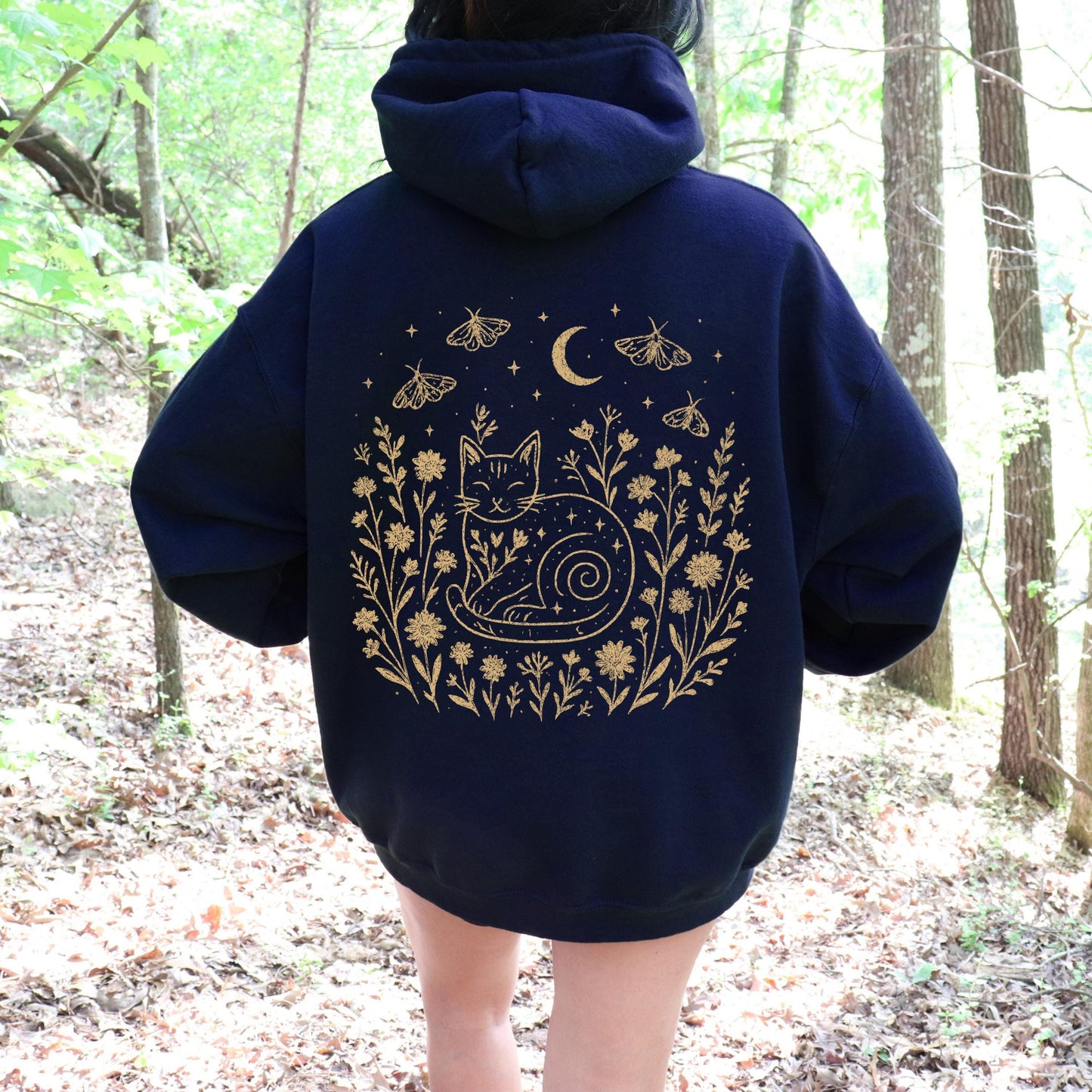 Celestial Cat Smiling Wildflowers Hoodie