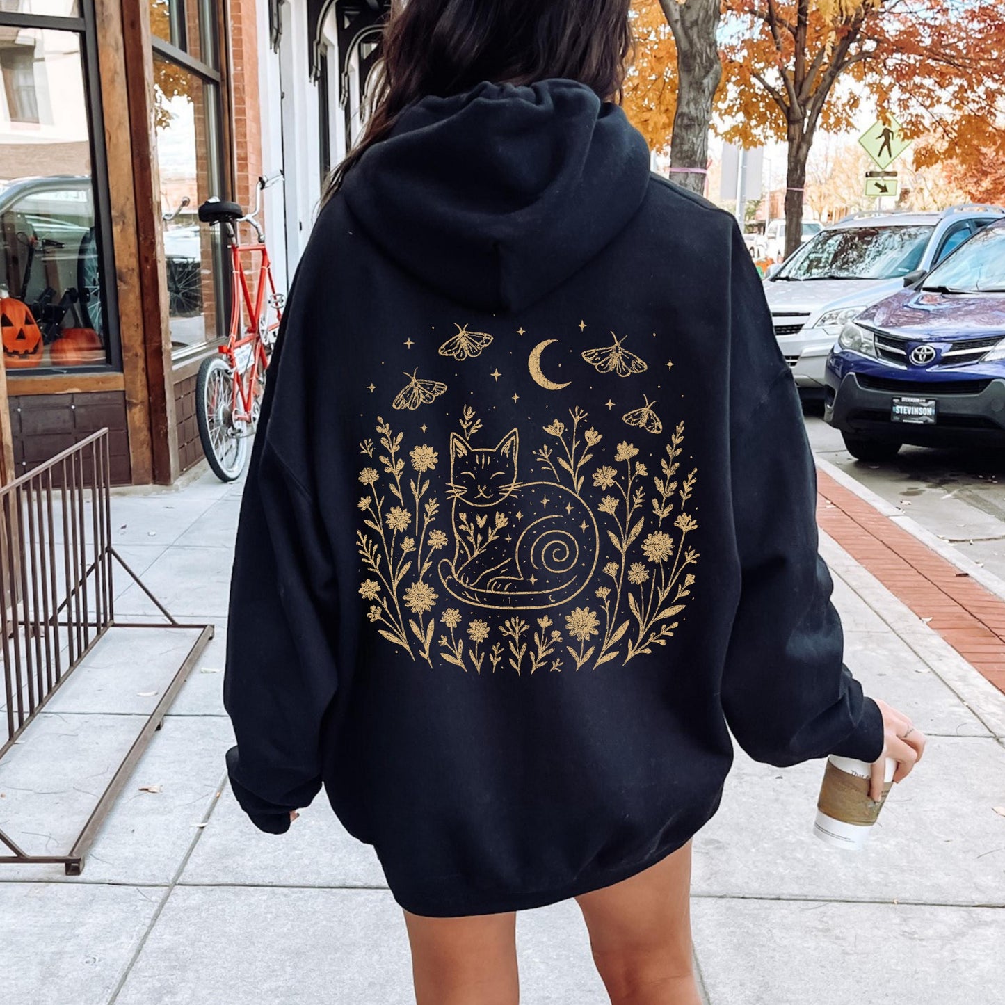 Celestial Cat Smiling Wildflowers Hoodie