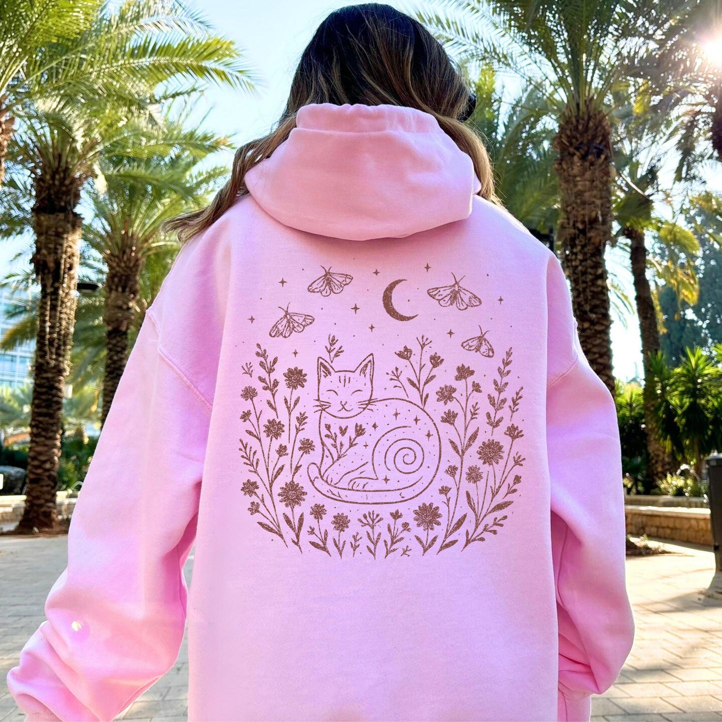 Celestial Cat Smiling Wildflowers Hoodie