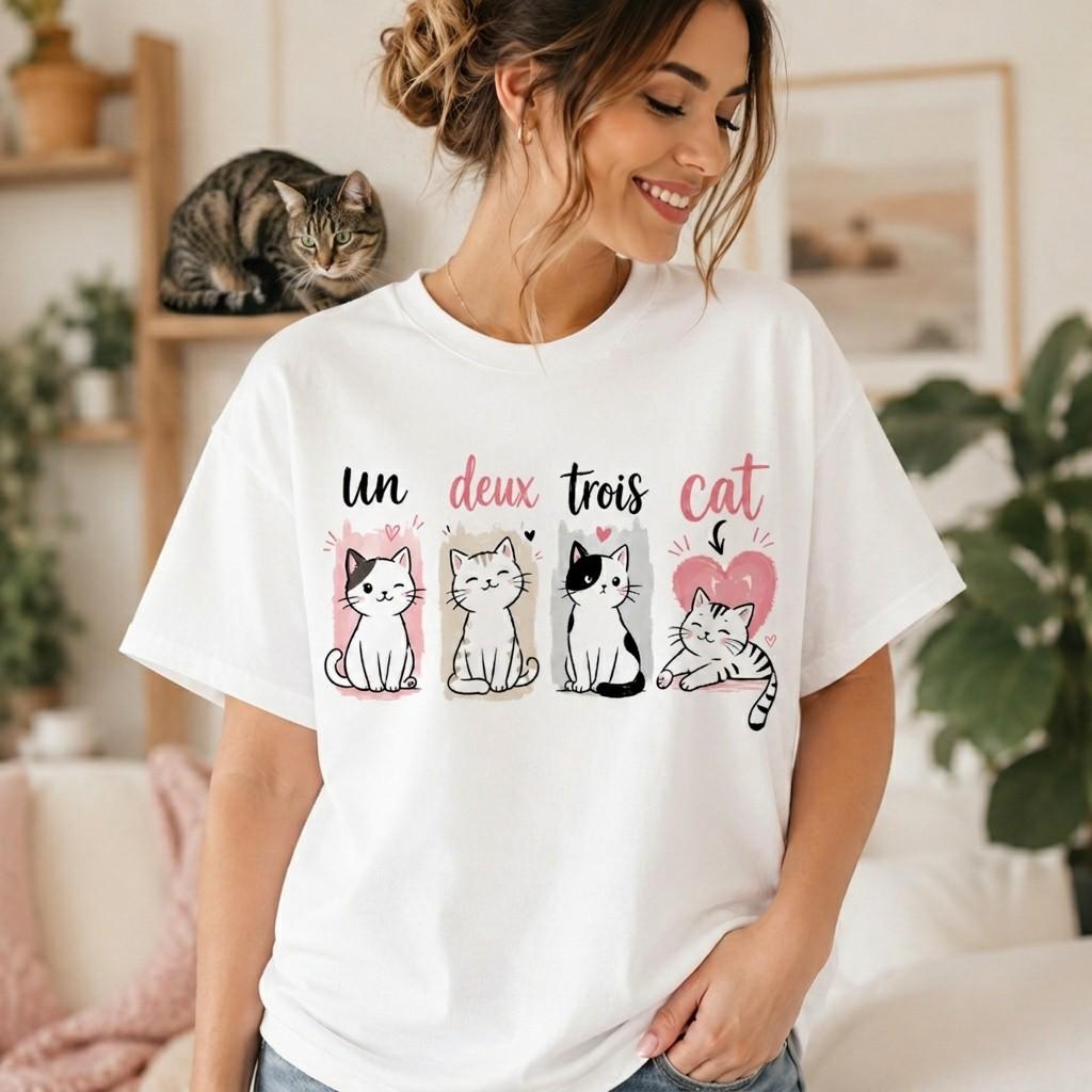 Funny Un Deux Trois Cat Tee