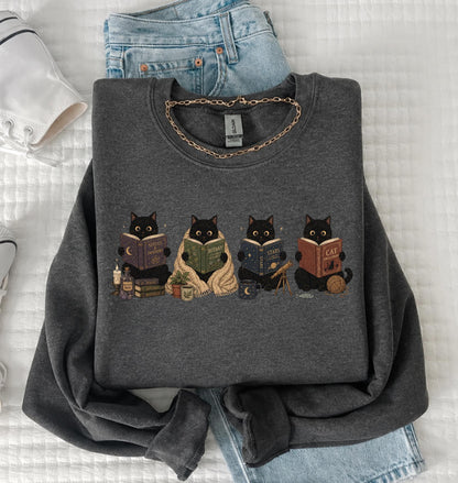 Black Cat Reading Sweatshirt V6