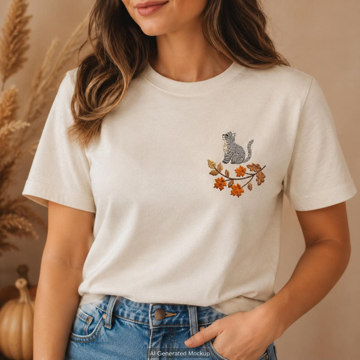 Tabby Cat Autumn Leaves T-Shirt