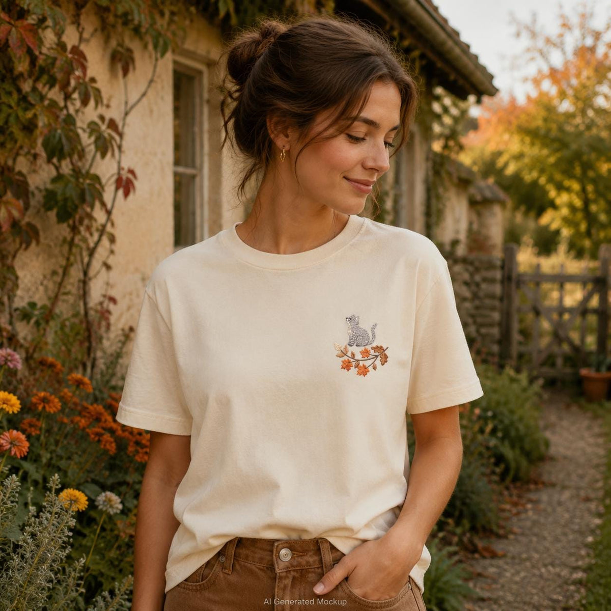 Tabby Cat Autumn Leaves T-Shirt
