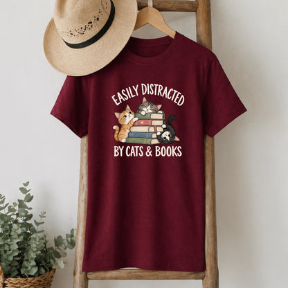 Easily Distracted By Cats And Books Tee V6