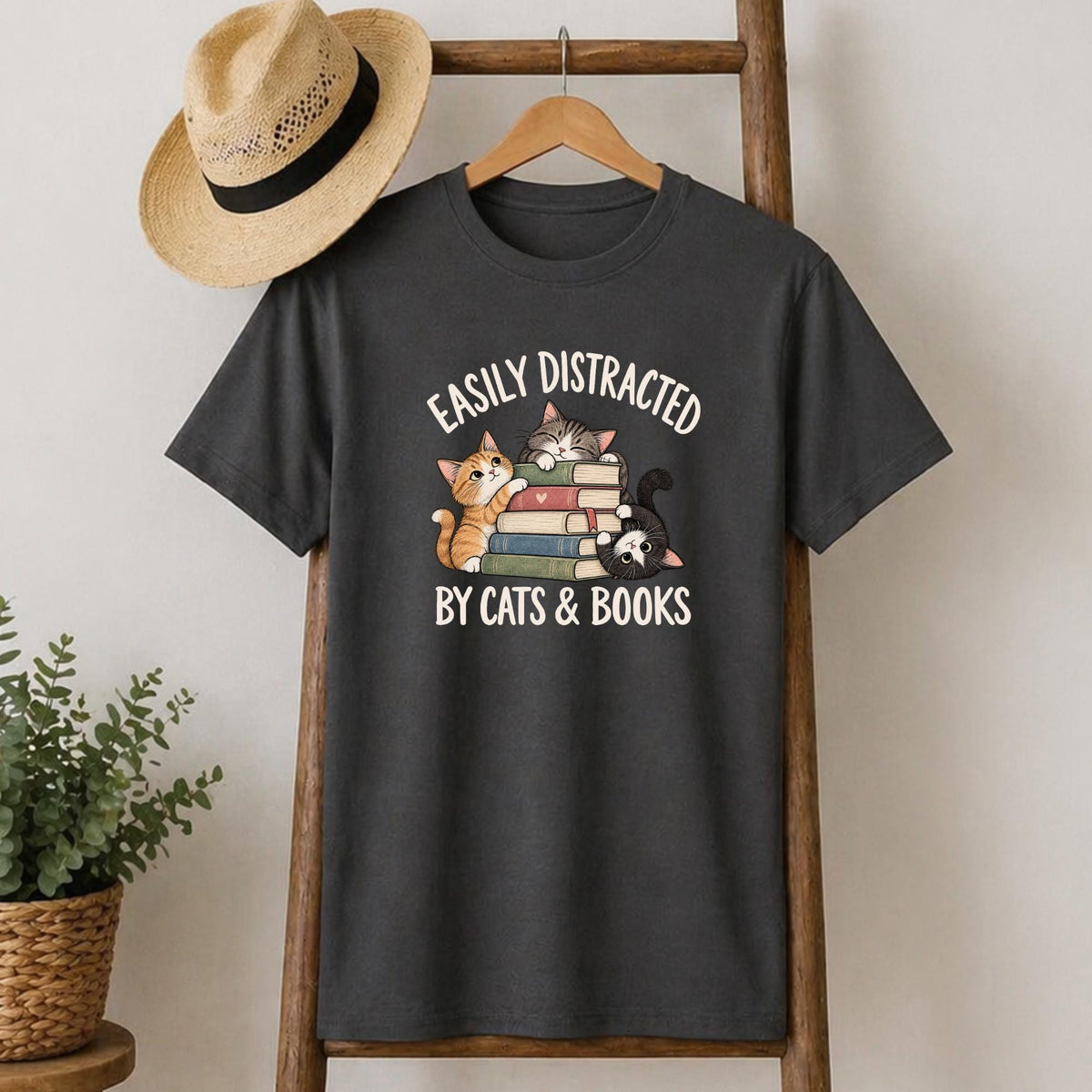 Easily Distracted By Cats And Books Tee V6