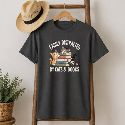 Easily Distracted By Cats And Books Tee V6